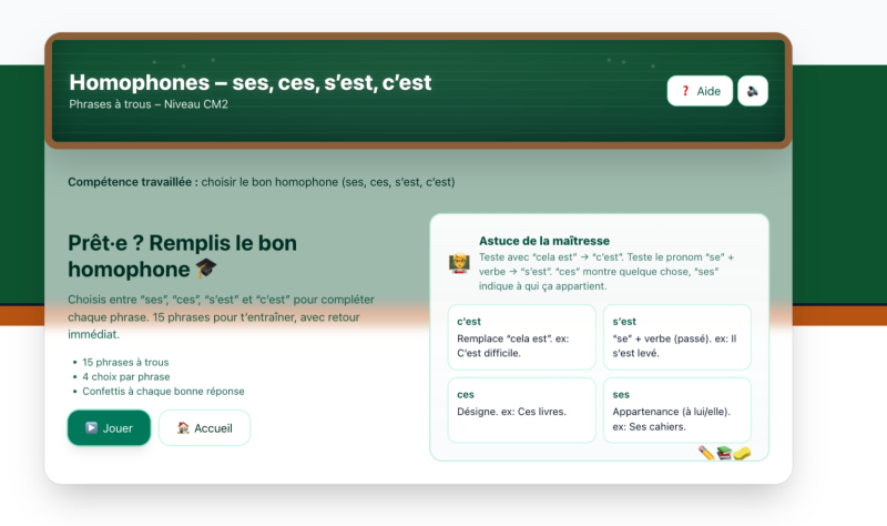 Les homophones ces, ses et c'est, ses (CM2)